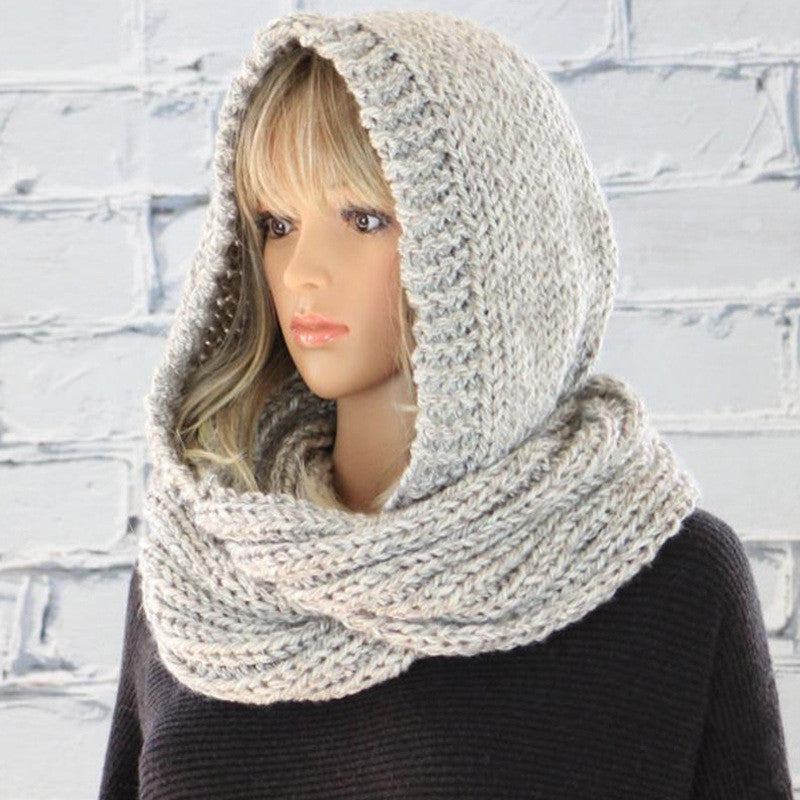 European And American Fashion Hooded Bib Women Pure Color Woolen Knitted Scarf