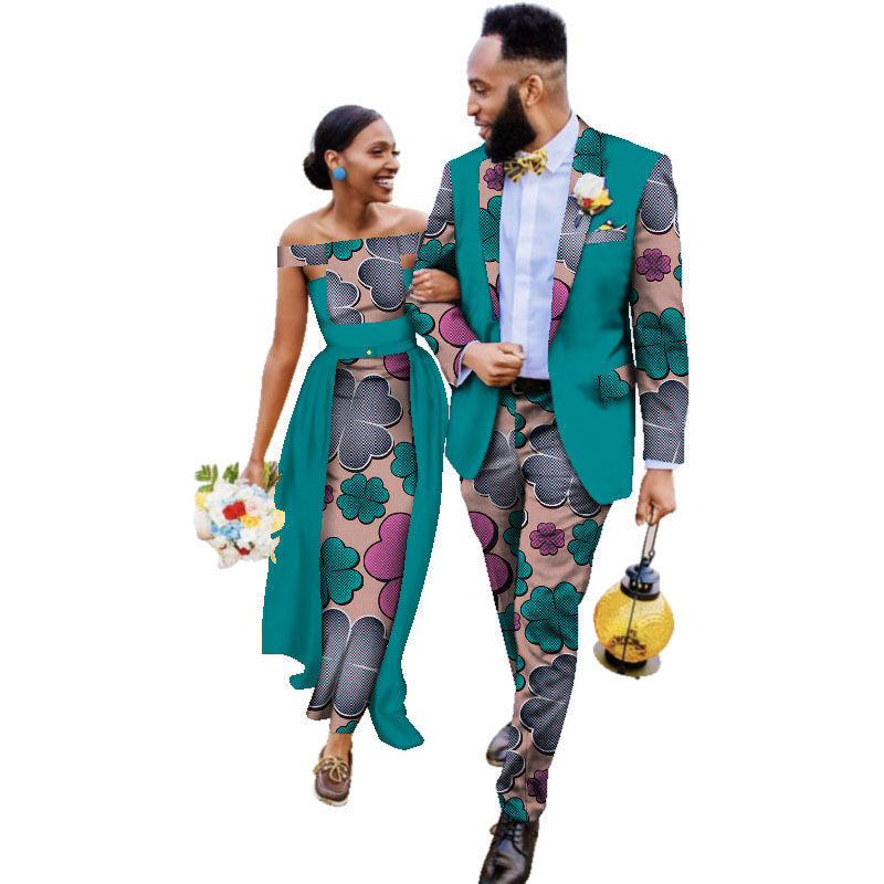 Cotton African Couple Wearing Wedding Dress Suits And Dress Sets