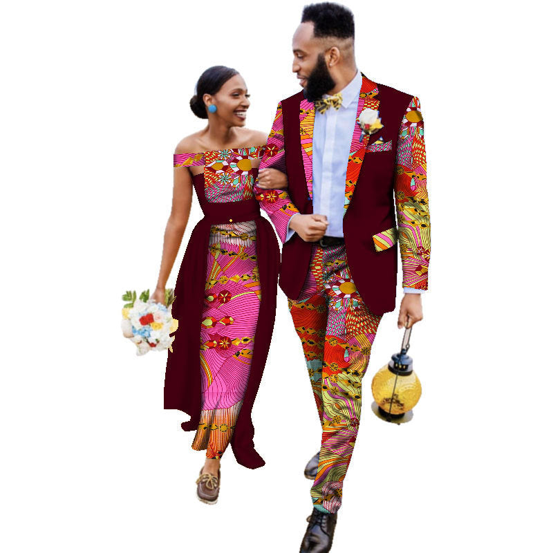 Cotton African Couple Wearing Wedding Dress Suits And Dress Sets