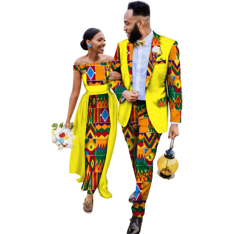 Cotton African Couple Wearing Wedding Dress Suits And Dress Sets