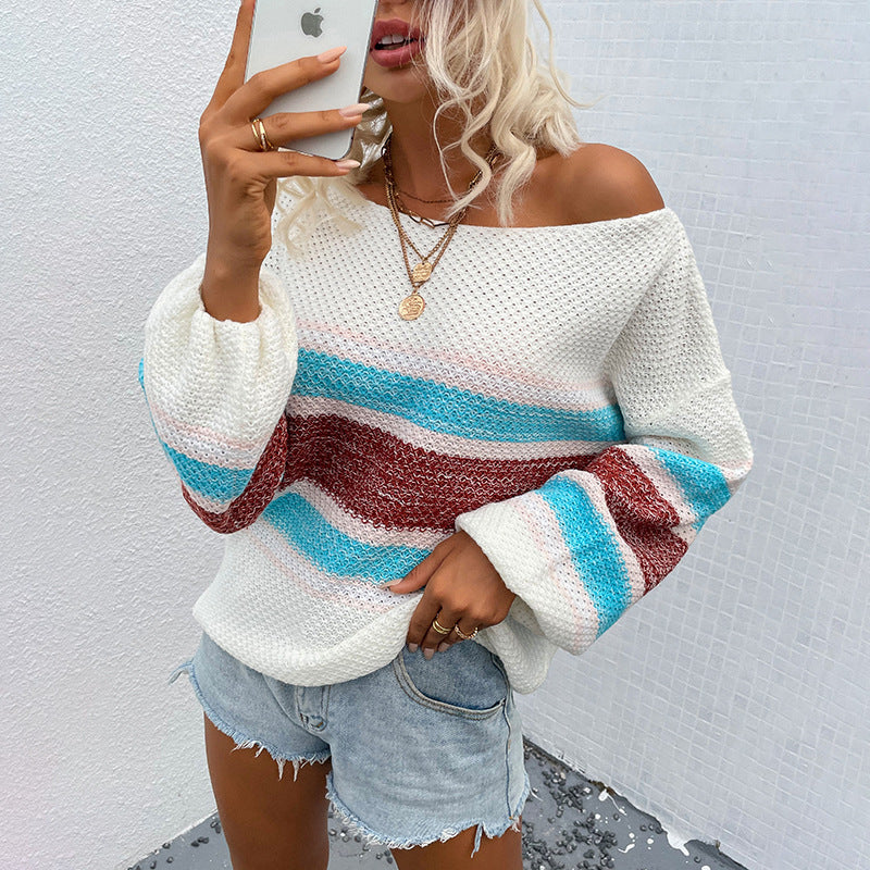 Sweater Rainbow Striped Off-shoulder Sweater For Women