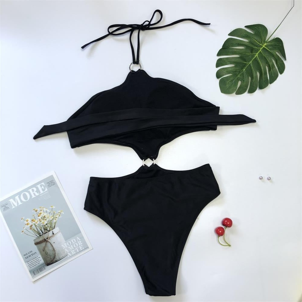 Solid Color Belt Loop Tie One Piece Swimsuit Women