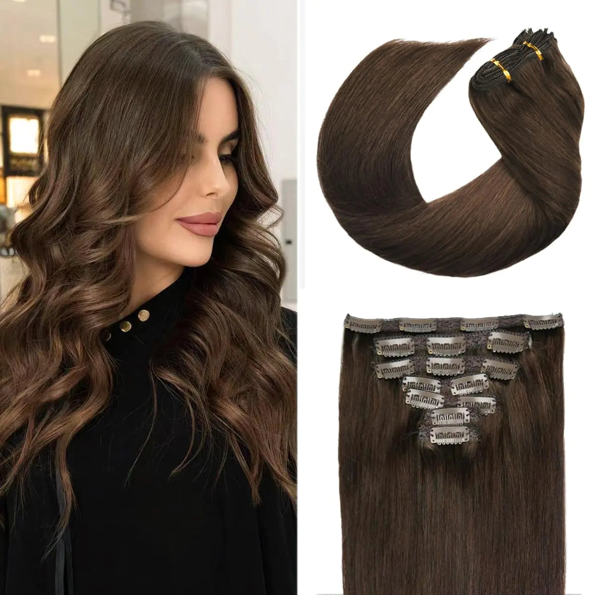 20" Clip in Human Hair Extensions Full Head 180g 7 Pieces 16 Clips 4# Chocolate Brown Double Weft Brazilian Real Remy Hair Extensions Thick Straight Silky (20" 180g Chocolate Brown)