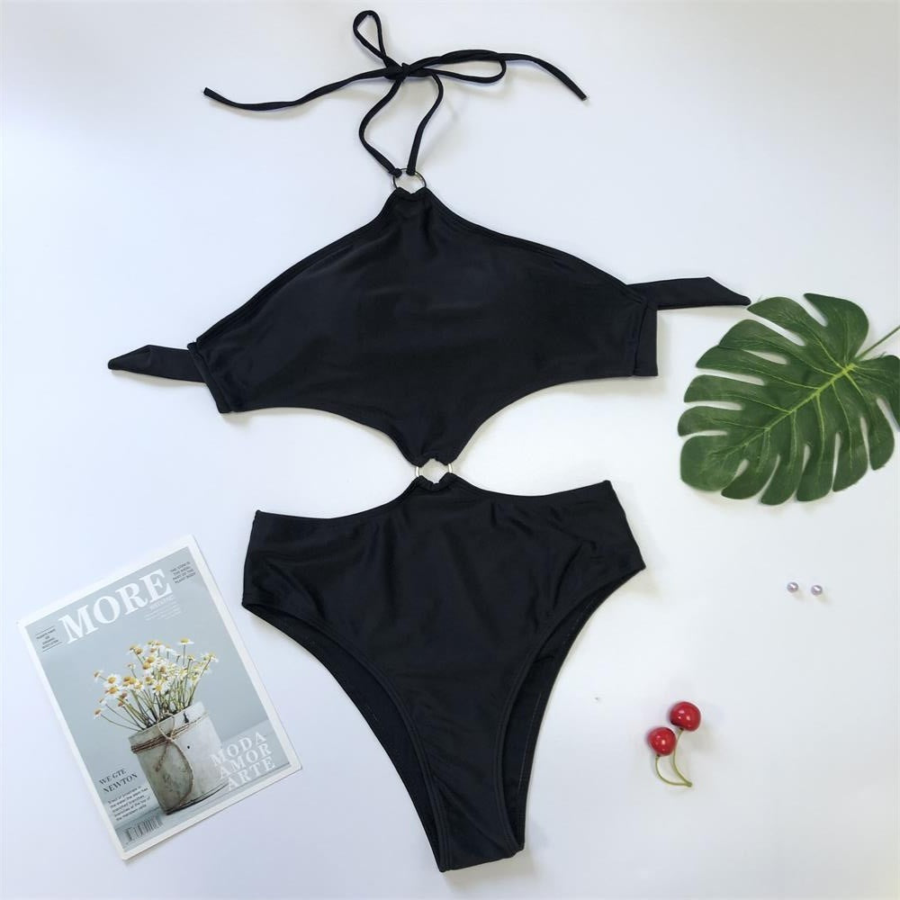 Solid Color Belt Loop Tie One Piece Swimsuit Women