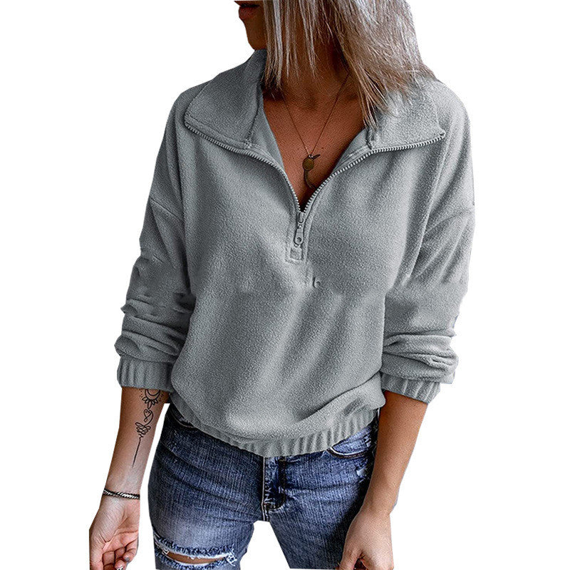 Solid Color Stand-up Collar Sweater Women Amazon Loose Solid Color Casual Long-sleeved Top