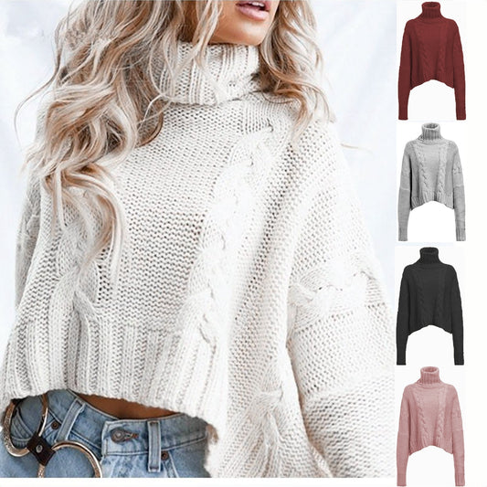 2024 Winter New European And American AliExpress Amazon Sweater Cable-knit Turtleneck Short Sweater