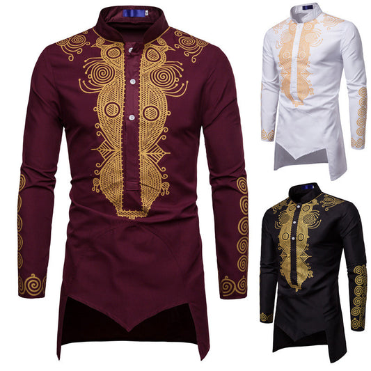 New Casual Middle Eastern Style Bronzing Stand Collar Mid-length Shirt