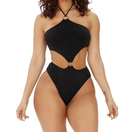 Solid Color Belt Loop Tie One Piece Swimsuit Women