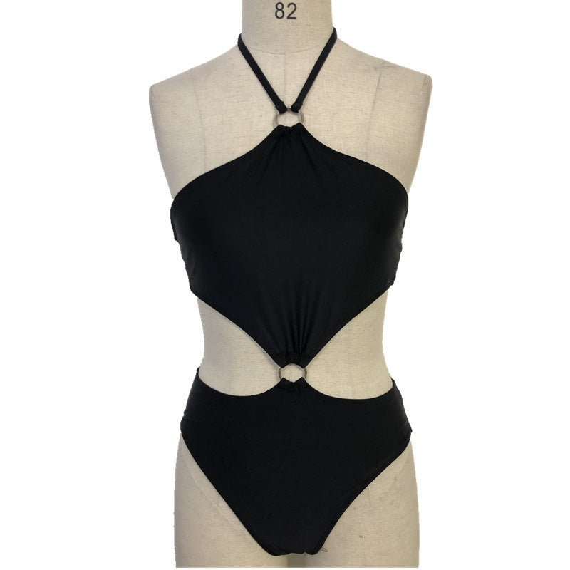 Solid Color Belt Loop Tie One Piece Swimsuit Women