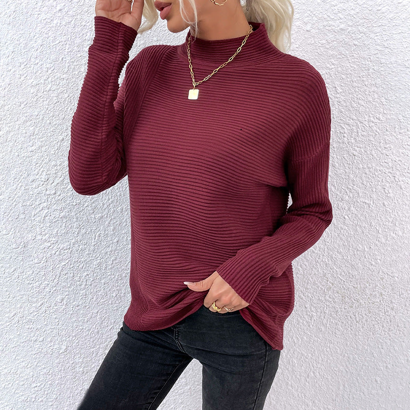 Knit Sweater New Solid Color High Neck Pit Strip Sweater Women's Top