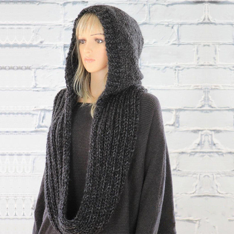 European And American Fashion Hooded Bib Women Pure Color Woolen Knitted Scarf