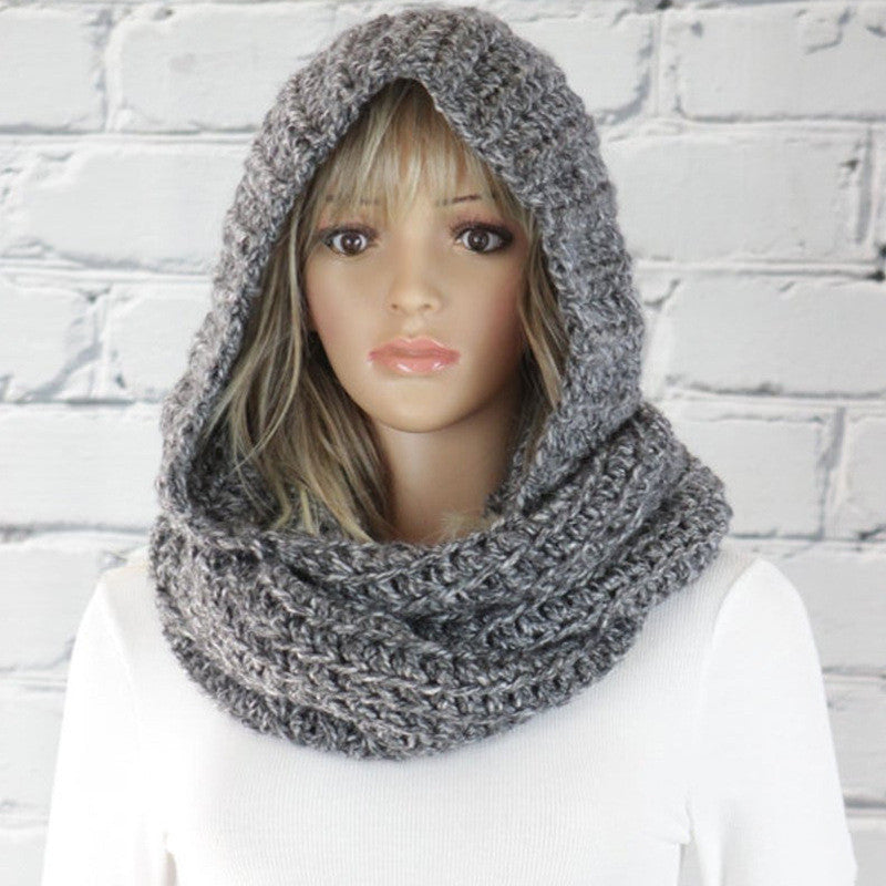 European And American Fashion Hooded Bib Women Pure Color Woolen Knitted Scarf