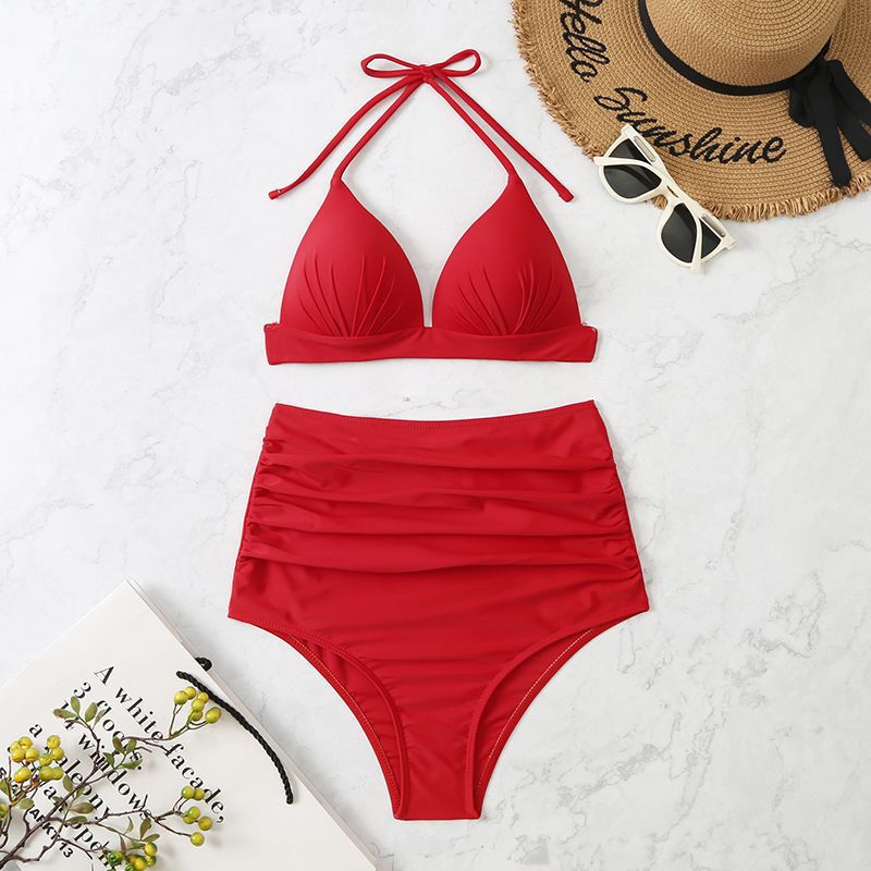 High Waist Triangle Tether Halter Bikini Split  Swimwear