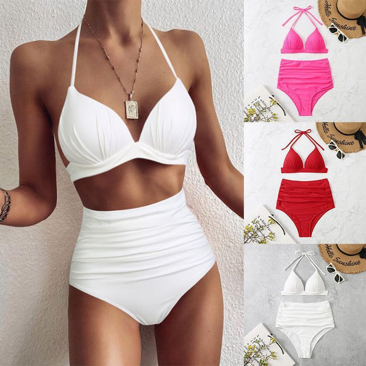 High Waist Triangle Tether Halter Bikini Split  Swimwear