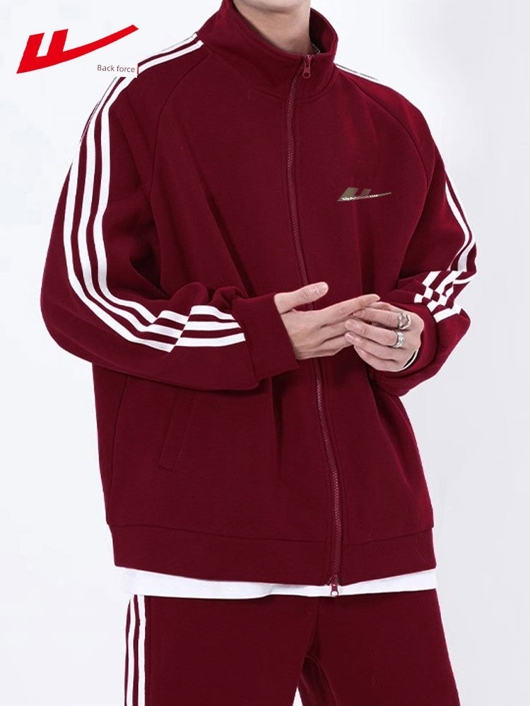 Warrior Zipper and Lapel Sweatshirt Men's and Women's Spring & Fall Winter Snake Annual Clothes Fleece-lined Thickened Wine Red Sports Two-Piece Suit