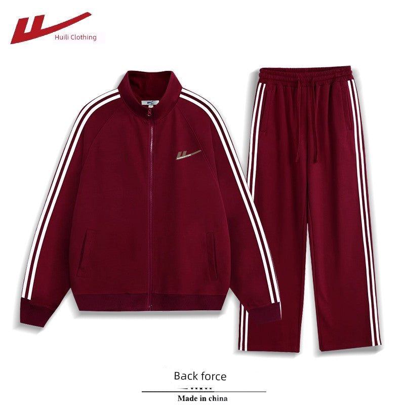 Warrior Zipper and Lapel Sweatshirt Men's and Women's Spring & Fall Winter Snake Annual Clothes Fleece-lined Thickened Wine Red Sports Two-Piece Suit