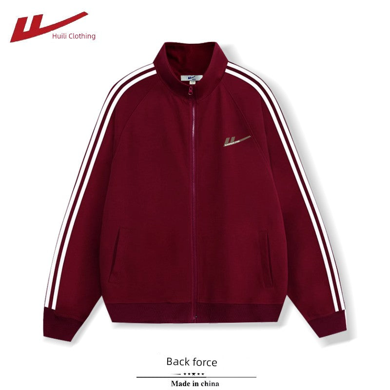 Warrior Zipper and Lapel Sweatshirt Men's and Women's Spring & Fall Winter Snake Annual Clothes Fleece-lined Thickened Wine Red Sports Two-Piece Suit