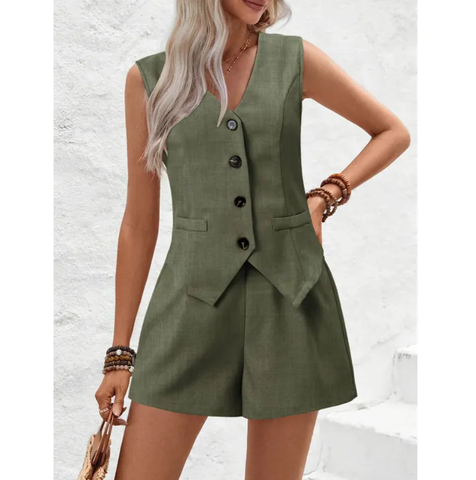 V-Neck Buttoned Vest & Shorts Set