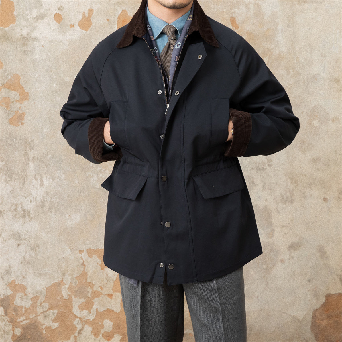 Retro Italian Corduroy Stitching Lapel Waterproof Jacket