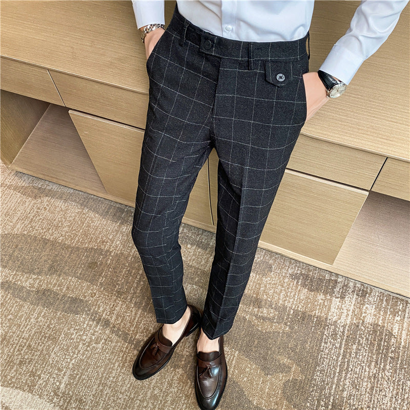 Korean Style British Classic Checkered Elegant Slim Fit Men's Best Man Pencil Pants Suit Pants