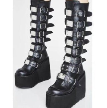 European And American Metal Buckle Thick Sole High Boots Women Plus Size